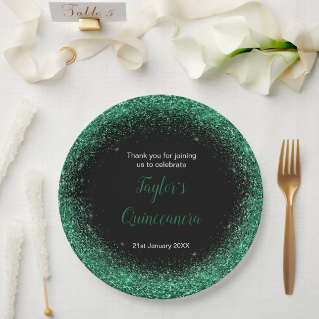Quinceanera Dark Green Faux Glitter Paper Plate (Wedding)