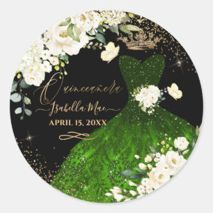 Quinceanera Dark Green Glitter Gown Cream Roses Classic Round Sticker