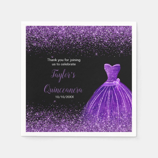 Quinceanera Dark Purple Faux Glitter Napkin (Front)
