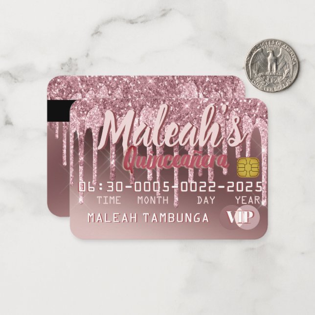 Quinceañera Dark Rose Gold & Pink Glitter Drip Card (Front/Back In Situ)