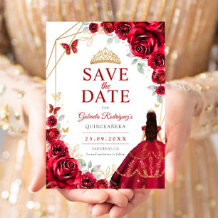 Quinceanera Dress Red Roses Gold Save The Date
