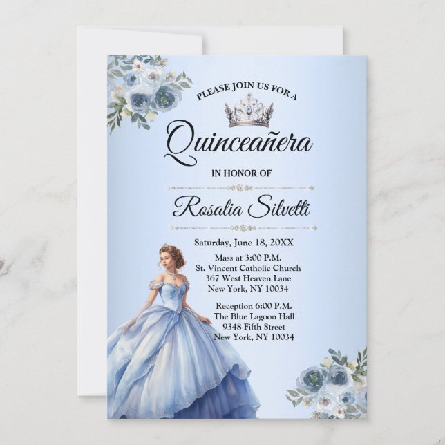 Quinceanera Dusty Blue et Silver Invitation (Devant)