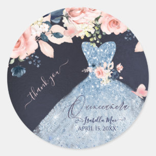 Quinceanera Dusty Blue Glitter Gown Blush Roses  Classic Round Sticker