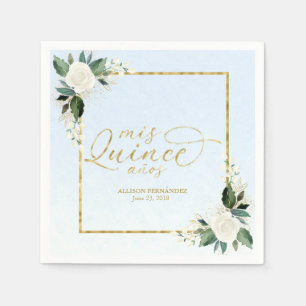 Quinceanera Dusty Blue Gold Foil Floral Napkin