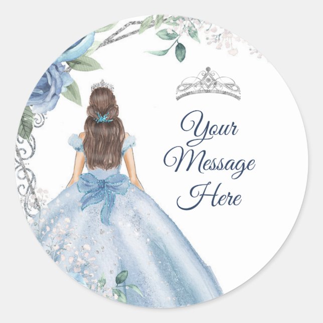 Quinceañera Dusty Blue Your Message Here Classic Round Sticker (Front)