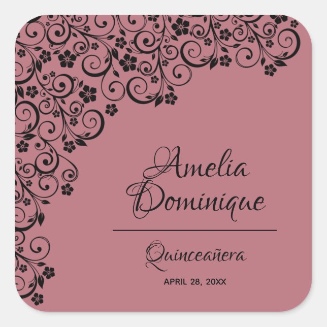 Quinceañera Dusty Pink and Black Square Sticker (Front)