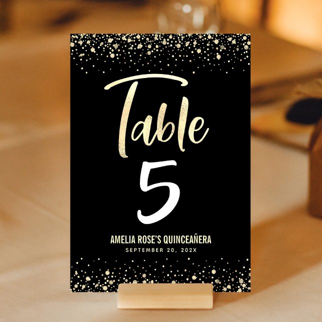 Quinceañera Elegant Black Gold Script Glitter Foil Table Number (Creator Uploaded)