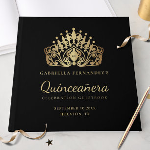 Quinceanera Elegant Black Gold Tiara Crown  Guest Book