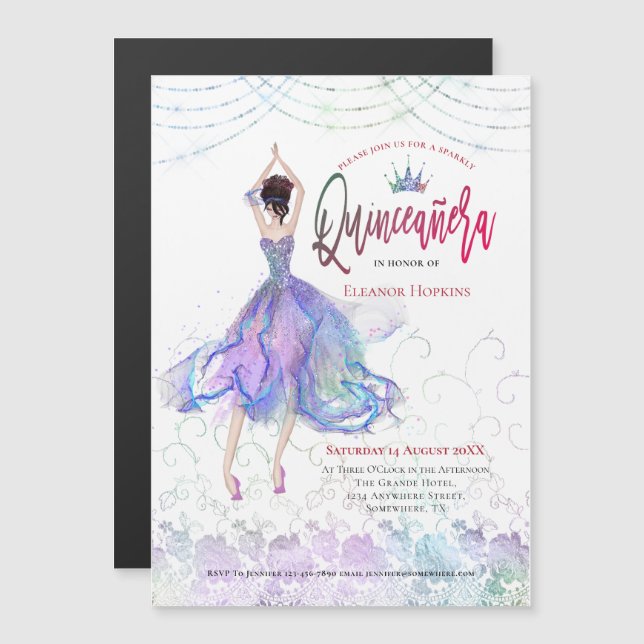 Quinceanera Elegant Blue Lilac Gown String Lights Magnetic Invitation (Front/Back)