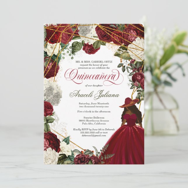 Quinceanera elegant charro burgundy white floral i invitation (Standing Front)