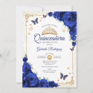 Quinceanera Elegant Chic Royal Blue Roses Gold Invitation