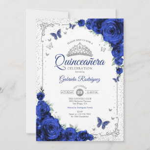  Quinceanera Elegant Chic Royal Blue Roses Silver Invitation