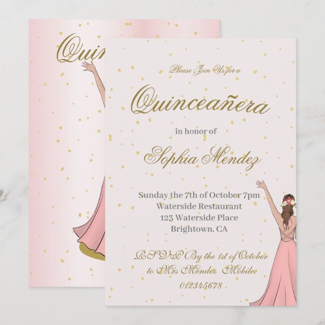 Quinceanera Elegant Pink Gold  Invitation (Front/Back)