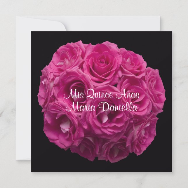 Quinceanera Elegant Pink Rose Bouquet on Black Invitation (Front)