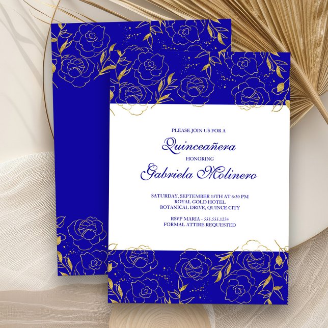 Quinceanera Elegant Royal Blue and Gold Floral Invitation (Quinceanera Invitation from my Elegant Gold Flowers Quinceanera Collection)