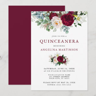 Quinceanera Elegant Watercolor Burgundy Floral Invitation