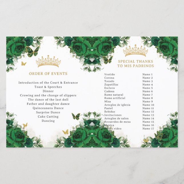 Quinceañera Emerald Floral Butterflies Program (Back)