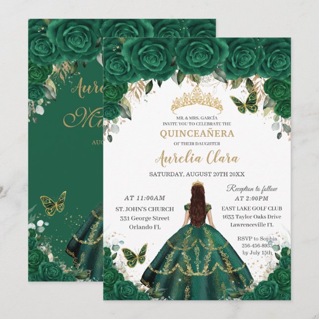 Quinceañera Emerald Floral Princess Gold Crown  Invitation (Front/Back)