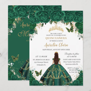 Quinceañera Emerald Floral Princess Gold Crown Invitation
