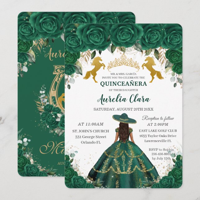 Quinceañera Emerald Floral Princess Gold Horses In Invitation (Front/Back)