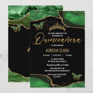 Quinceañera Emerald Green Agate Marble Butterflies Invitation