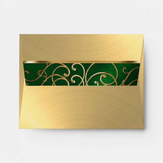 Quinceanera Emerald Green and Gold Filigree Swirls Envelope (Back (Top Flap))