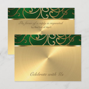 Quinceanera Emerald Green and Gold Filigree Swirls Invitation