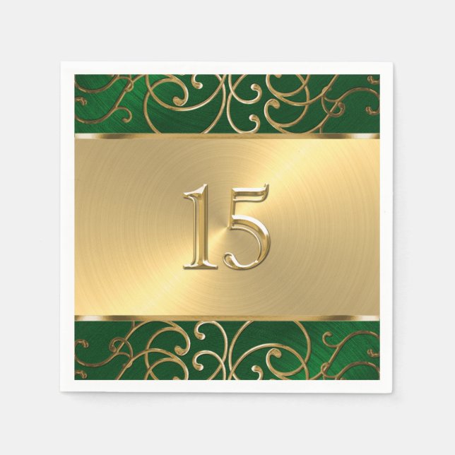 Quinceanera Emerald Green and Gold Filigree Swirls Napkin (Front)