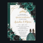 Quinceañera Emerald Green Black Floral Roses Twins Invitation<br><div class="desc">Personalize this lovely quinceañera invitation with own wording easily and quickly,  simply press the customize it button to further re-arrange and format the style and placement of the text.  Matching items available in store!  (c) The Happy Cat Studio</div>