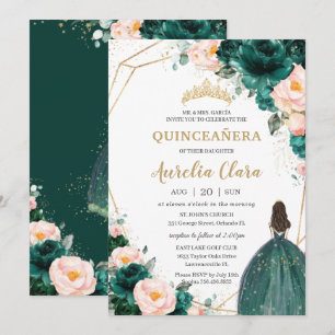 Quinceañera Emerald Green Blush Floral Princess Invitation