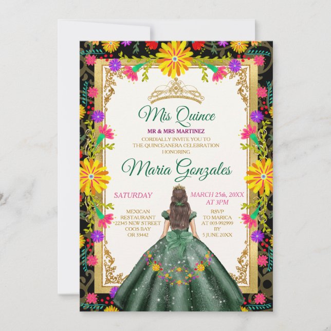 Quinceanera Emerald Green Colourful Flower Birthda Invitation (Front)