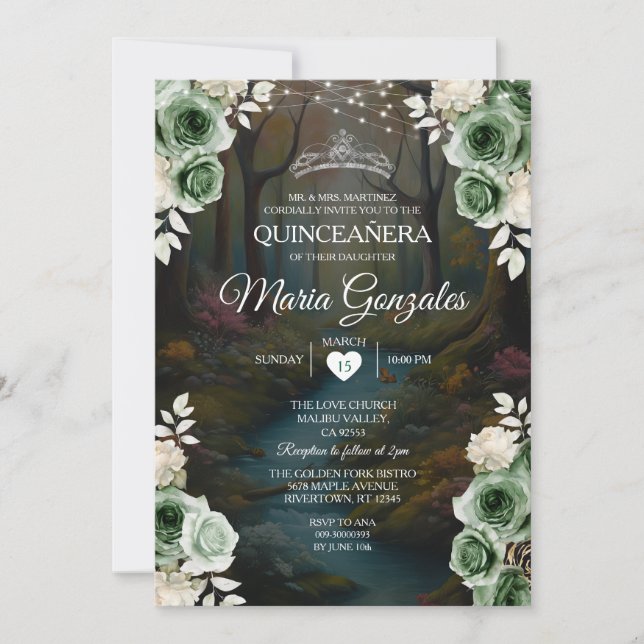 Quinceañera Emerald Green Enchanted Forest Floral Invitation (Front)