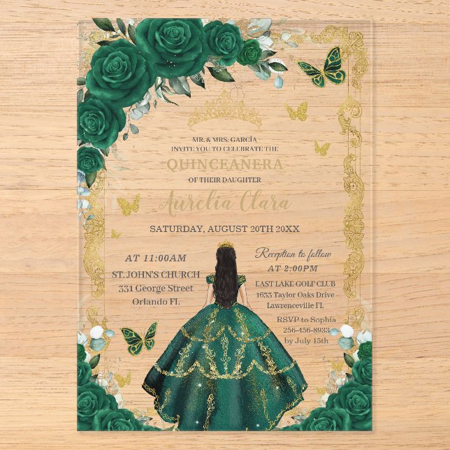 Quinceañera Emerald Green Floral Black Hair Gold Acrylic Invitations (Front)
