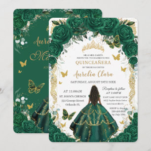 Quinceañera Emerald Green Floral Brown Princess  Invitation