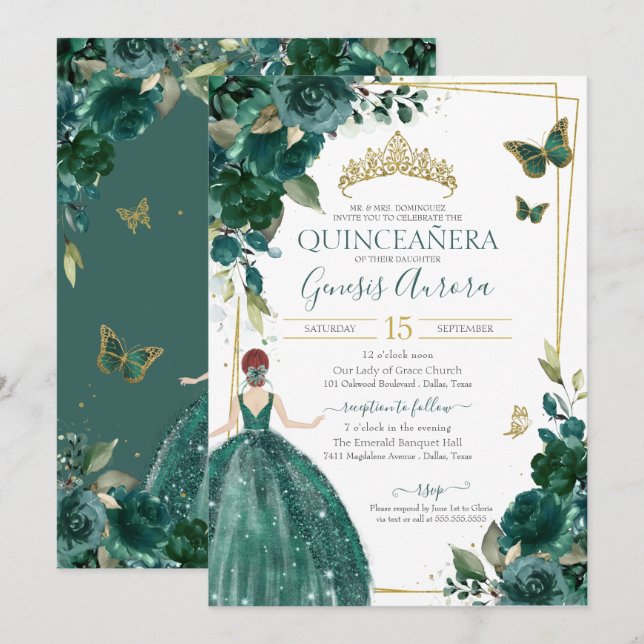 Quinceañera Emerald Green Floral Butterflies Dress Invitation (Front/Back)