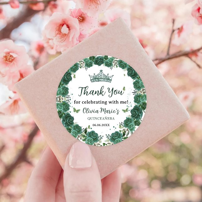 Quinceañera Emerald Green Floral Butterflies Tiara Classic Round Sticker (Creator Uploaded)