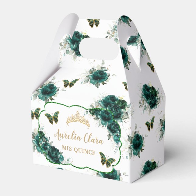 Quinceañera Emerald Green Floral Butterflies Tiara Favor Box (Front Side)