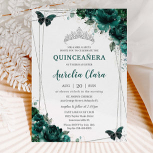 Quinceañera Emerald Green Floral Butterflies Tiara Invitation