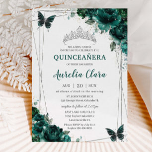 Quinceañera Emerald Green Floral Butterflies Tiara Invitation