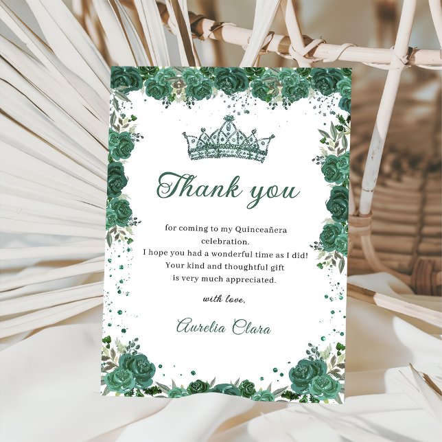 Quinceañera Emerald Green Floral Carte de remercie (Créateur téléchargé)
