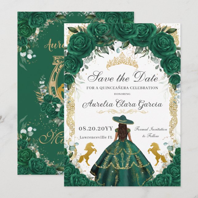 Quinceañera Emerald Green Floral Charro Horses Save The Date (Front/Back)