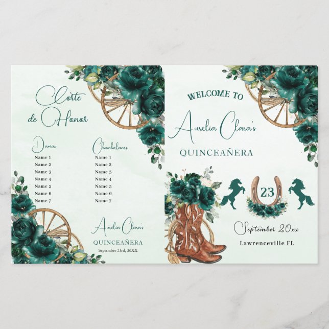 Quinceañera Emerald Green Floral Charro Program (Front)