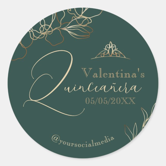 Quinceañera Emerald Green Floral Classic Round Sticker (Front)