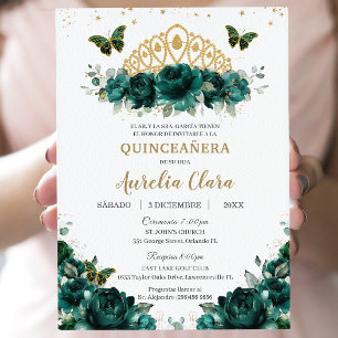 Quinceañera Emerald Green Floral Crown Español Invitation