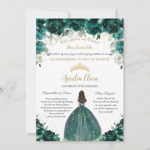 Quinceañera Emerald Green Floral Dama Request  Invitation