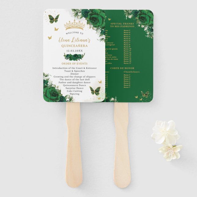 Quinceañera Emerald Green Floral Events Program Hand Fan (Front and Back)