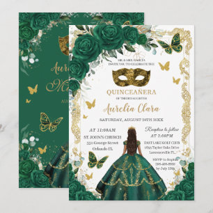 Quinceañera Emerald Green Floral Gold Masquerade  Invitation
