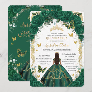 Quinceañera Emerald Green Floral Gold Princess In Invitation