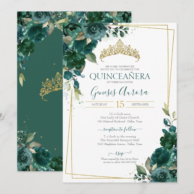 Quinceañera Emerald Green Floral Invitation (Front/Back)