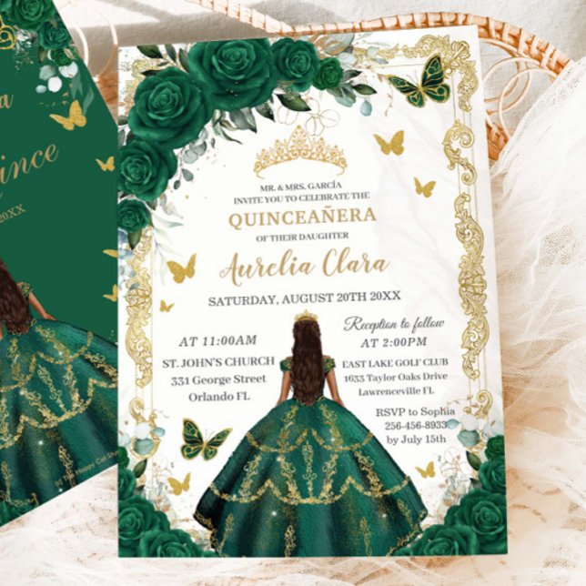 Quinceañera Emerald Green Floral Princess Gold Invitation (Creator Uploaded)